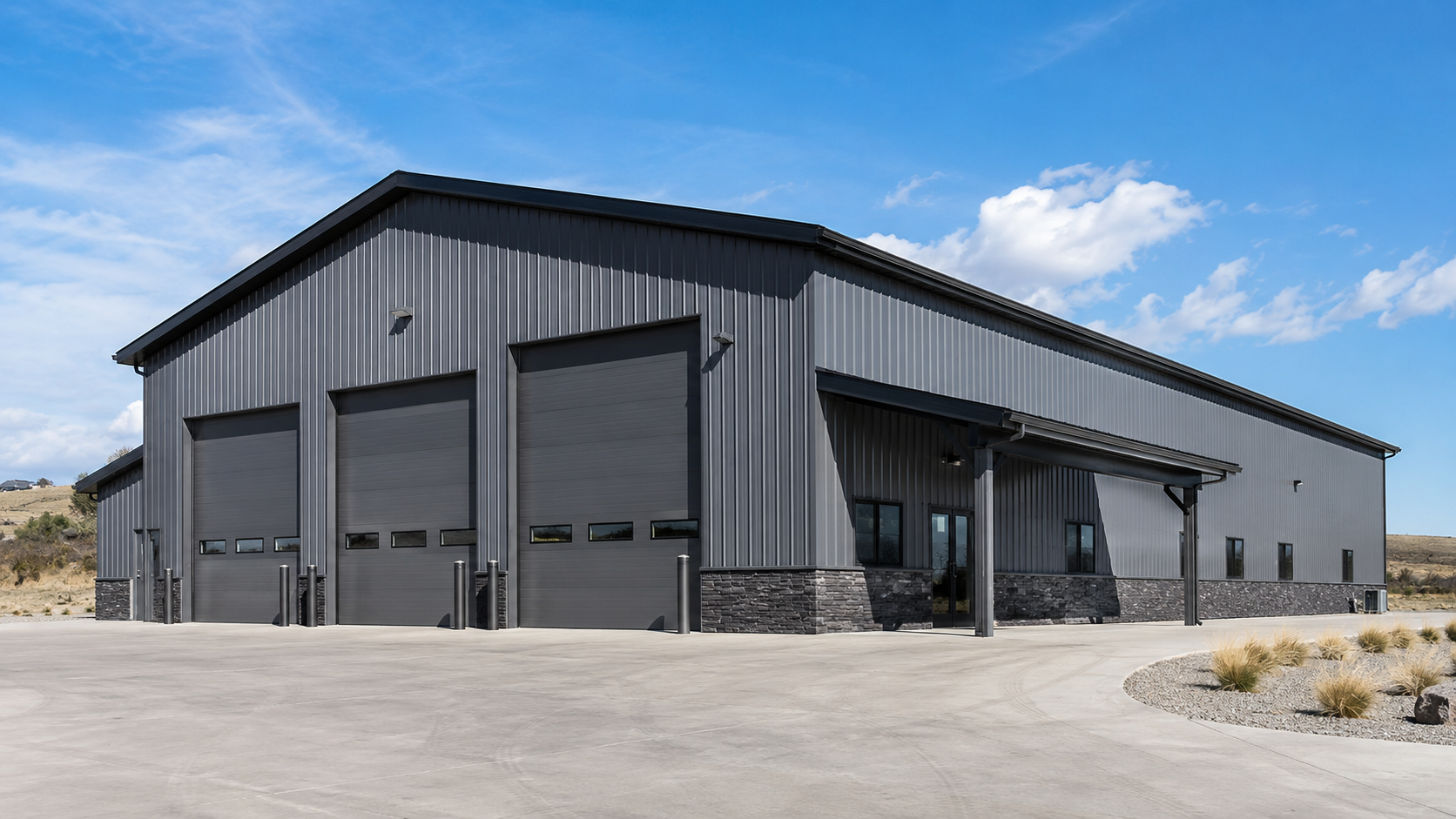 Finished metal shop building with three garage doors